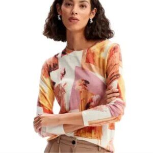 DESIGUAL Long-Sleeve Pullover•Fine Gauge Knit•Linen Blend•Floral Collage•Medium•